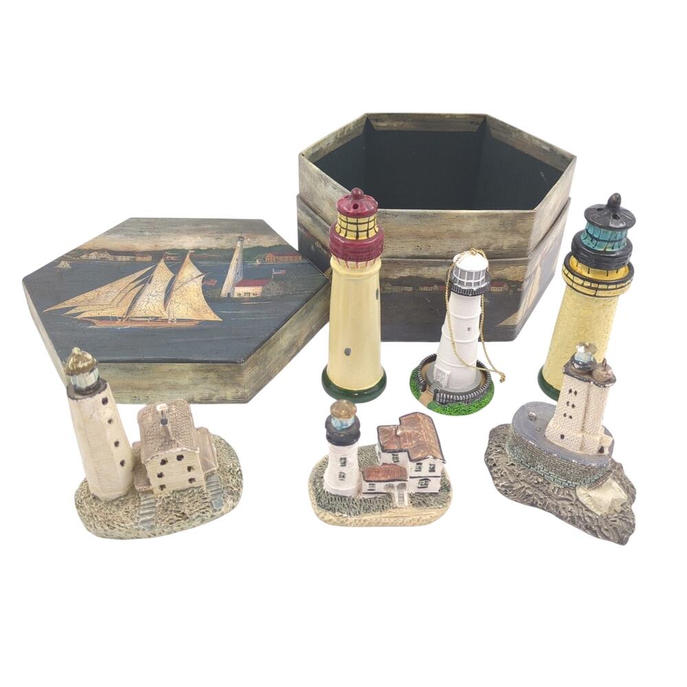 American Seaside Lighthouse Miniature Figurine Set Lot w/ Storage Box